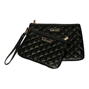 Ellen Tracy Black Quilted 2-Piece Wristlet Pouch Set Cosmetic Clutch
